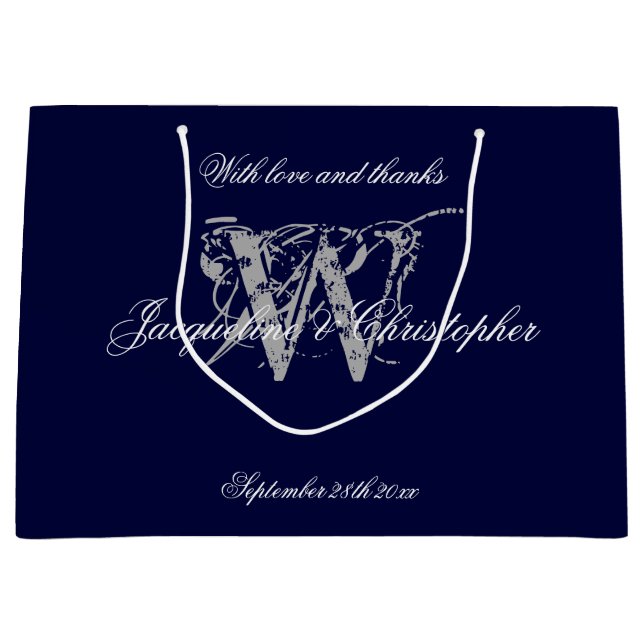 Grand Sac Cadeau Mariage Monogramme Marine Bleu Et Argent Chic (Devant)