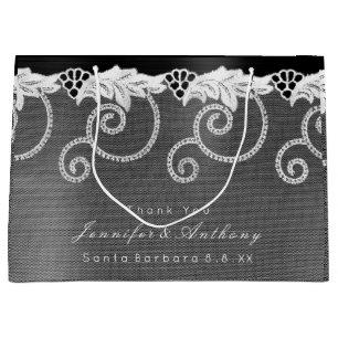 Grand Sac Cadeau Mariage personnalisé noir blanc dentelle royale
