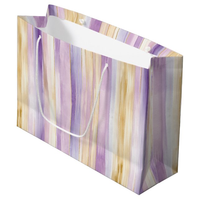 Grand Sac Cadeau Mariage Romantique Iris Violet Crème Rayures Baby  (Devant Angle)