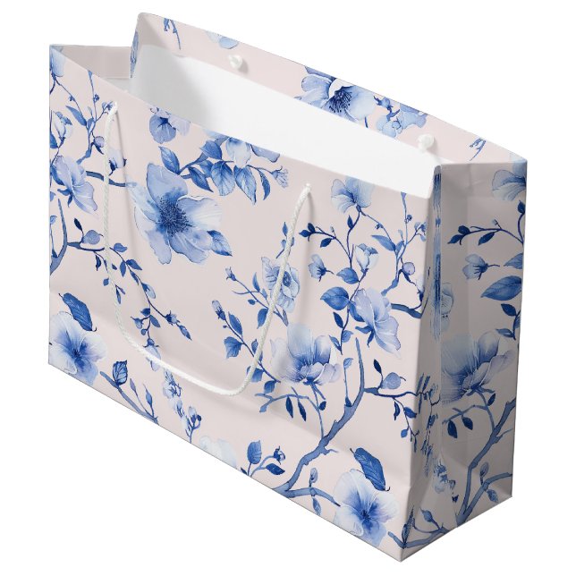 Grand Sac Cadeau Mariage Romantique Rose et Bleu Floral (Devant Angle)