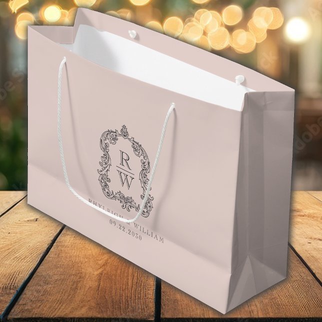 Grand Sac Cadeau Mariage rose pâle Monogramme Crest (Créateur téléchargé)