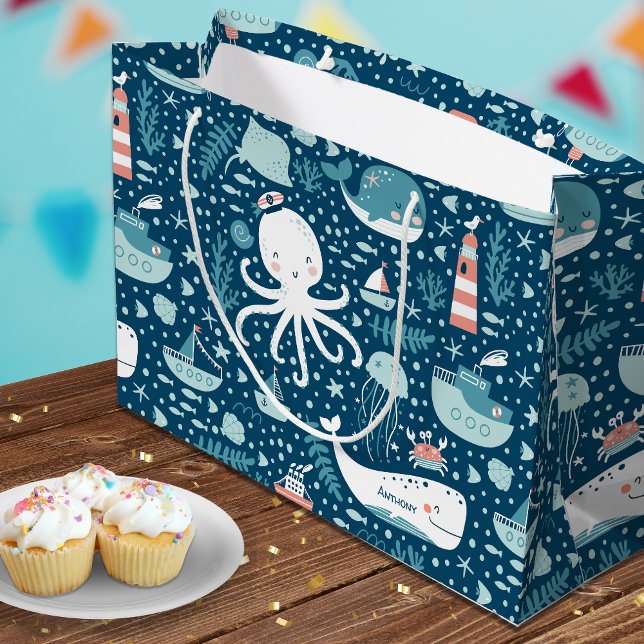 Grand Sac Cadeau Marine Bleu et blanc Motif de l'océan marin (Créateur téléchargé)