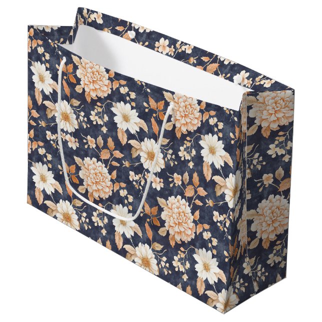 Grand Sac Cadeau Marine Blue Cream Peach Floral Anniversaire (Devant Angle)