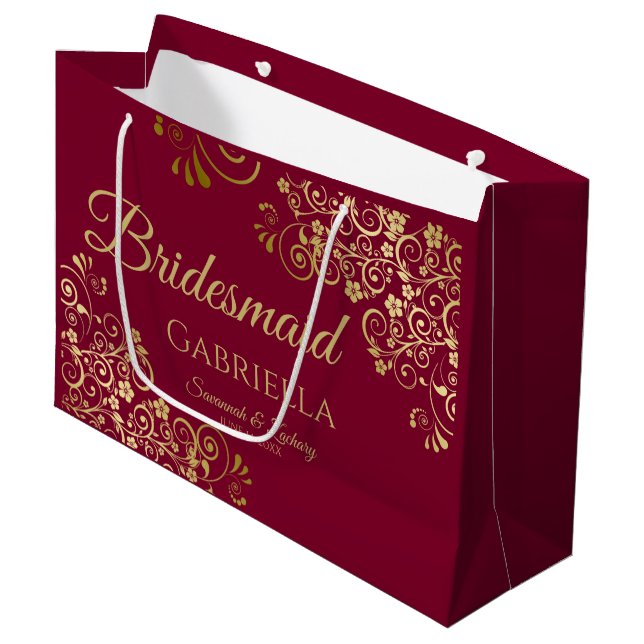 Grand Sac Cadeau Maroon de Bourgogne et dentelle d'or Élégante dome (Devant Angle)