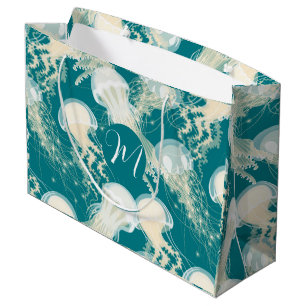 Grand Sac Cadeau Méduse En Bleu Océan Été Saison Monogramme