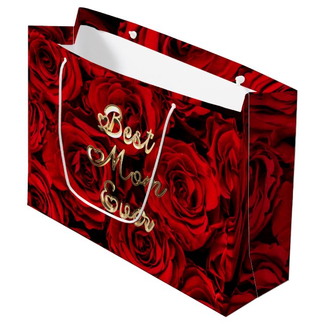 Grand Sac Cadeau Meilleure maman Coeurs éternels Roses rouges Flora (Devant Angle)