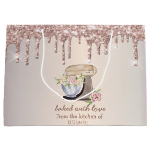 Grand Sac Cadeau Mélangeur de gâteau Fleurs Rose Or Paillettes Gout