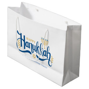 Grand Sac Cadeau Menorah d'or "Happy Hanoukka"