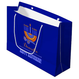 Grand Sac Cadeau Menorah et Dreidels Nom personnalisé Hanoukka