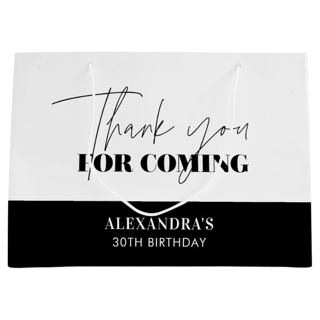 Grand Sac Cadeau Merci d'anniversaire Chic noir blanc Script (Devant)