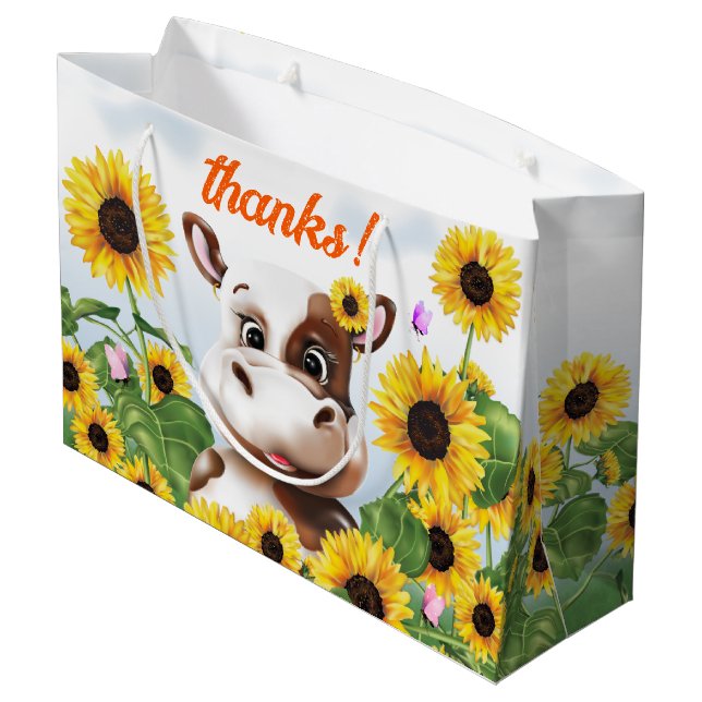 Grand Sac Cadeau Merci de la ferme de tournesol de vache (Dos Angle)
