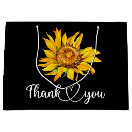 Grand Sac Cadeau Merci Tournesol Jaune Aquarelle Florale Noir