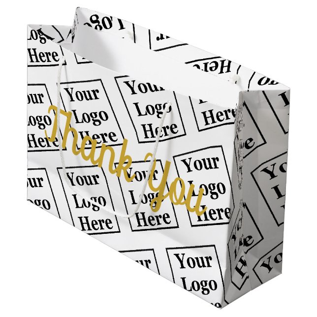 Grand Sac Cadeau Merci White Gold Script Business Logo Motif (Devant Angle)