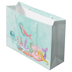 Grand Sac Cadeau Mermaids et méduses sous l'aquarelle marine