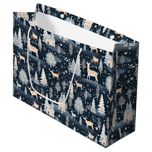 Grand Sac Cadeau Midnight Blue Snowy Village  (Devant Angle)