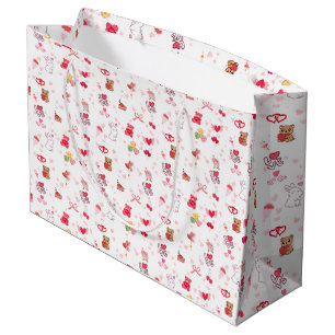 Grand Sac Cadeau Mignon Ourson Kawaii & Cœurs Saint Valentin Wr