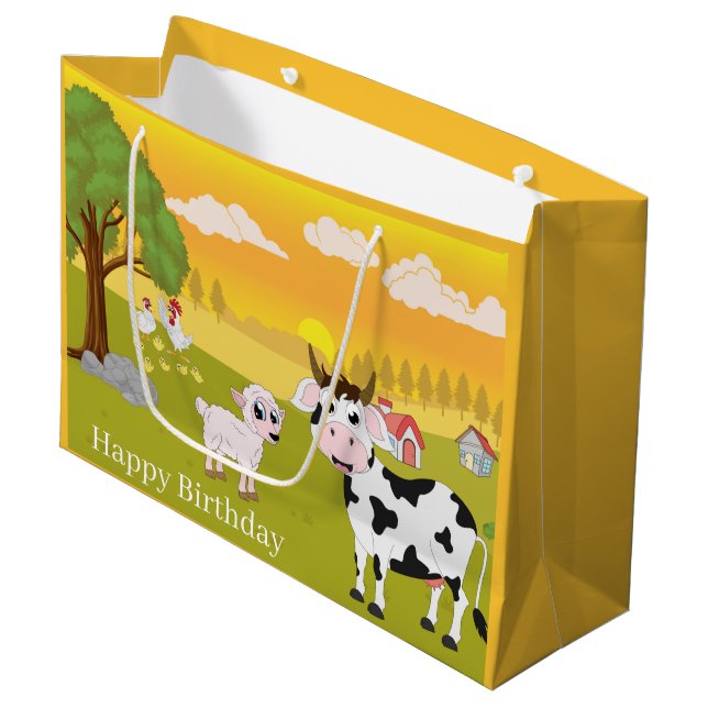 Grand Sac Cadeau mignonne ferme de joyeux animaux d'anniversaire (Devant Angle)
