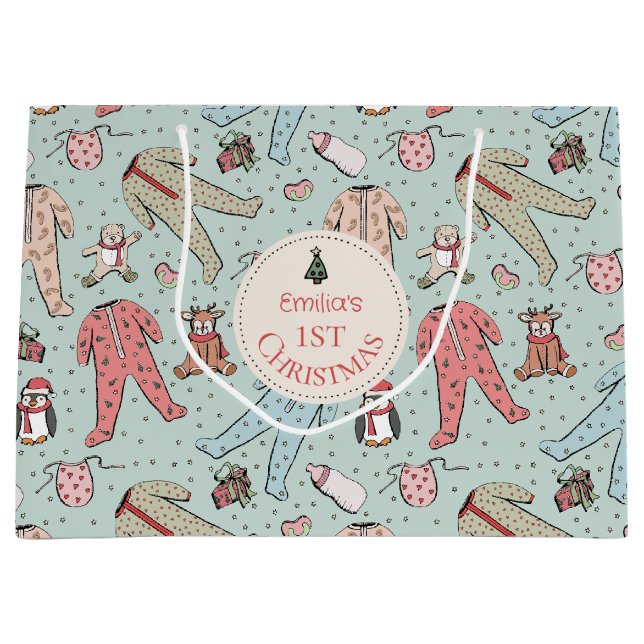 Grand Sac Cadeau Mignonne Mint Green Baby's First Christmas Custom (Devant)