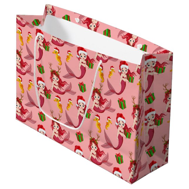 Grand Sac Cadeau Mignonne sirène de Noël motif hippocampe (Devant Angle)