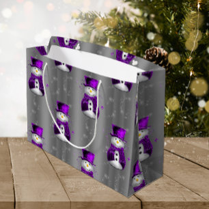 Grand Sac Cadeau Mignons neigeurs pourpres à Noël en argent