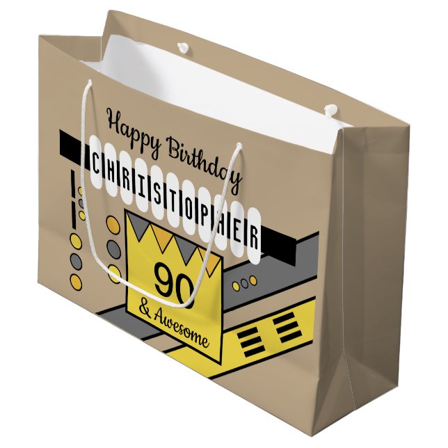 Grand Sac Cadeau Milestone spécial nom d'anniversaire gris jaune (Devant Angle)