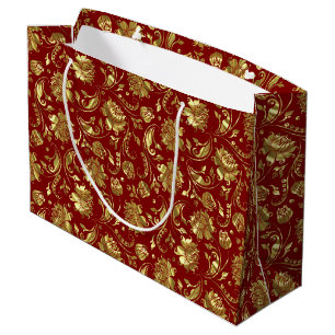 Grand Sac Cadeau Modèle Brown rouge & brillant or Damask