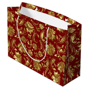 Grand Sac Cadeau Modèle Brown rouge & brillant or Damask