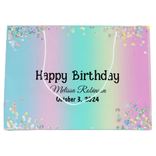 Grand Sac Cadeau Modem Pastel Holographique Joyeux Anniversaire