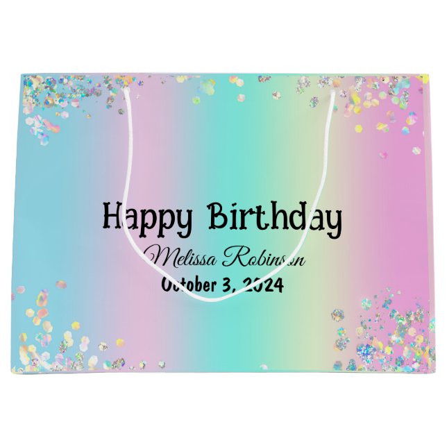 Grand Sac Cadeau Modem Pastel Holographique Joyeux Anniversaire (Devant)