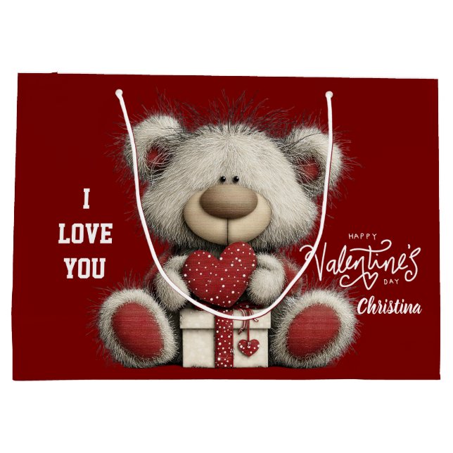 Grand Sac Cadeau Modern Cute Bear Happy Valentines Day Name  (Dos)