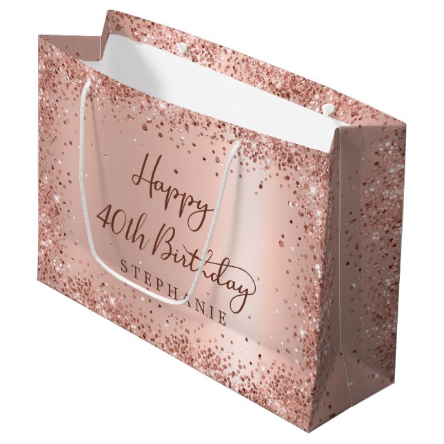 Grand Sac Cadeau Modern Rose Gold Glitter Monogram 40th Birthday (Devant Angle)