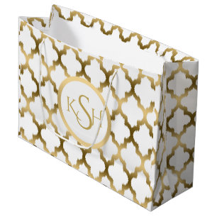 Grand Sac Cadeau Moderne Blanc & Or Ikat Motif Quatrefeuille