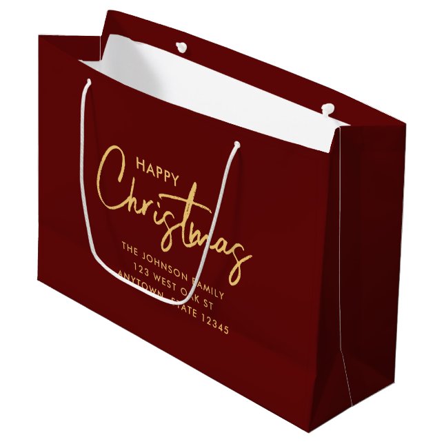 Grand Sac Cadeau Moderne Chic élégant Maroon Gold Joyeux Vacances (Devant Angle)