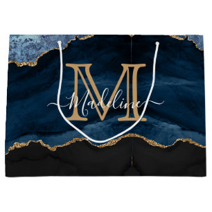 Grand Sac Cadeau Moderne Elégant Marine Blue Agate Géode Monogramme