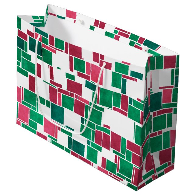 Grand Sac Cadeau Moderne Gras Rouge et Vert Noël Mondrian (Devant Angle)
