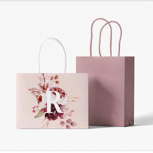 Grand Sac Cadeau Moderne Pastel Rose & Flore Rouge Avec Initiale
