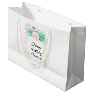 Grand Sac Cadeau Moderne rose et vert Succulents Aquarelle Annivers