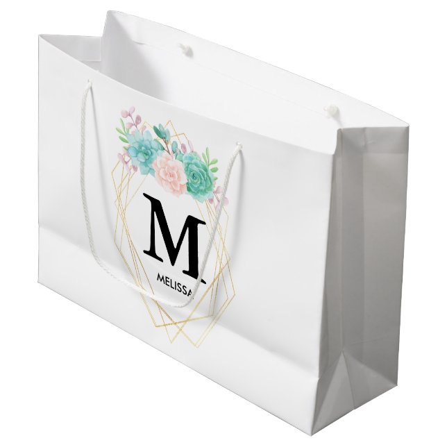 Grand Sac Cadeau Moderne rose et vert Succulents Aquarelle Monogram (Devant Angle)