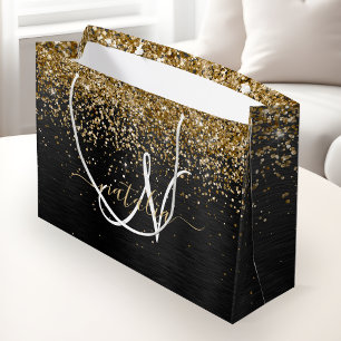 Grand Sac Cadeau Monogramme à étincelle noire à Parties scintillant