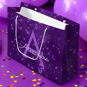 Grand Sac Cadeau Monogramme à étincelles violettes - Ajoutez Votre