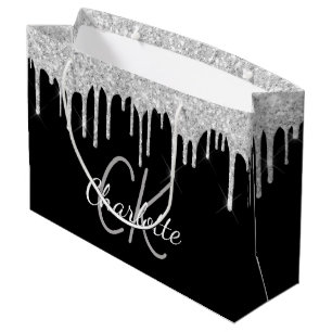 Grand Sac Cadeau Monogramme argent noir moderne élégant