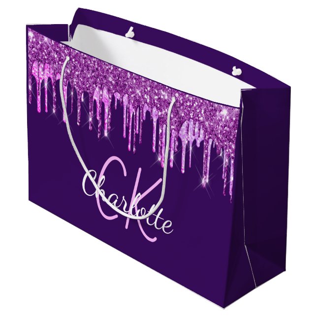 Grand Sac Cadeau Monogramme aux gouttes de rose pailleté violet (Dos Angle)