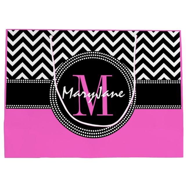 Grand Sac Cadeau Monogramme de Chevron de roses indien et de noir (Dos)