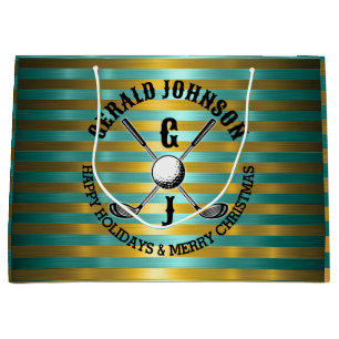 Grand Sac Cadeau Monogramme de golf élégant en métal vert-or