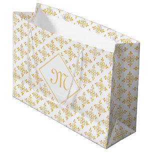 Grand Sac Cadeau Monogramme de luxe Blanc et or Quatre Floral