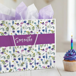 Grand Sac Cadeau Monogramme de nom aquarelle fleur sauvage violette