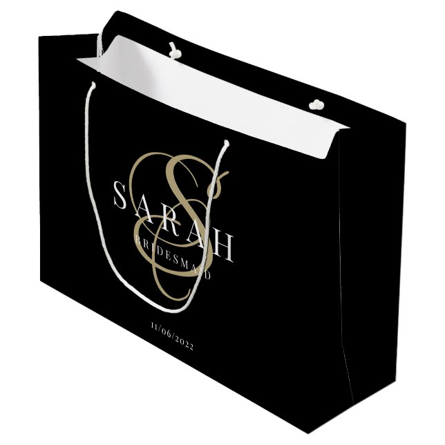 Grand Sac Cadeau Monogramme d'or noir domestique personnalisée (Devant Angle)