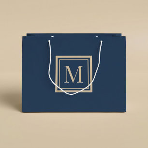 Grand Sac Cadeau Monogramme encadré bleu personnalisé et vanille