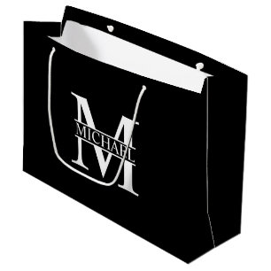 Grand Sac Cadeau Monogramme et nom personnalisé noir et blanc