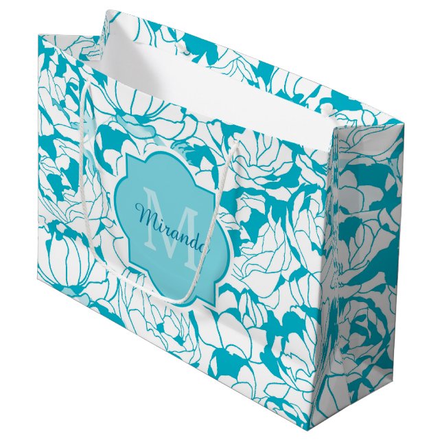 Grand Sac Cadeau Monogramme Floral Turquoise Moderne Avec Nom (Devant Angle)